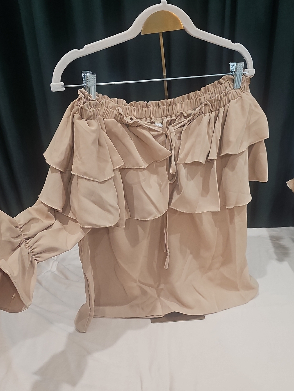 Ruffled Off-Shoulder Blouse in Beige